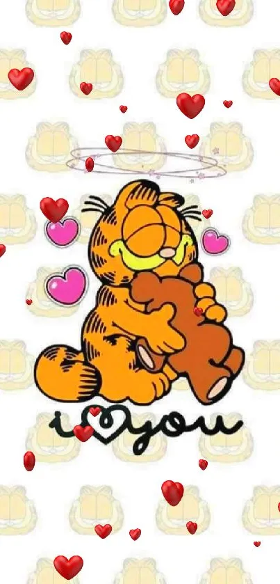 Cartoon cat hugging teddy bear on patterned background.