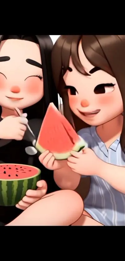 Cartoon characters sharing watermelon slice.