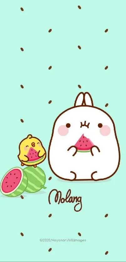 Cute cartoon character with watermelon on mint green background.