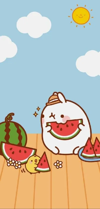 Cute cartoon characters enjoying watermelons under a sunny sky.