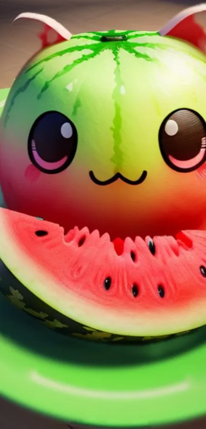 Cute anime-inspired watermelon on a green plate with vibrant colors.