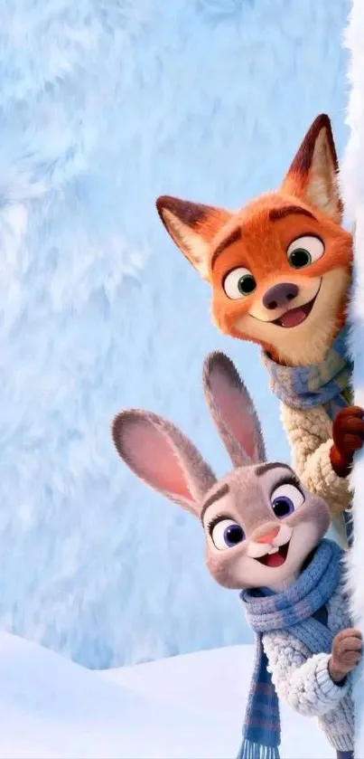 Fox and rabbit peeking from snowy wall.