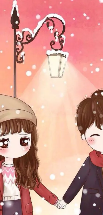 Cute cartoon couple in a snowy winter scene with a lamp post.