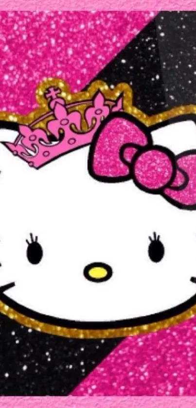 Hello Kitty with pink glitter crown on mobile wallpaper.