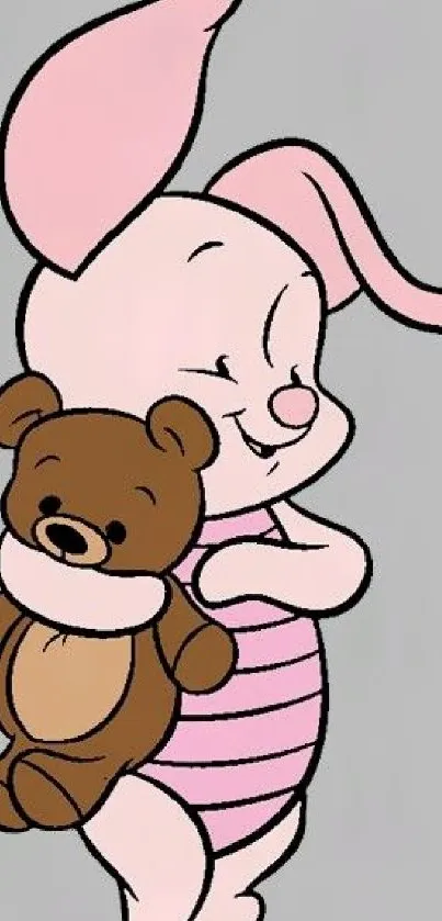 Cartoon character hugging a teddy bear on a gray background.