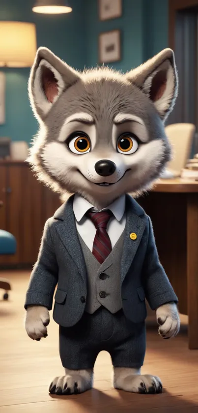 Adorable cartoon wolf in a suit standing in an office setting.