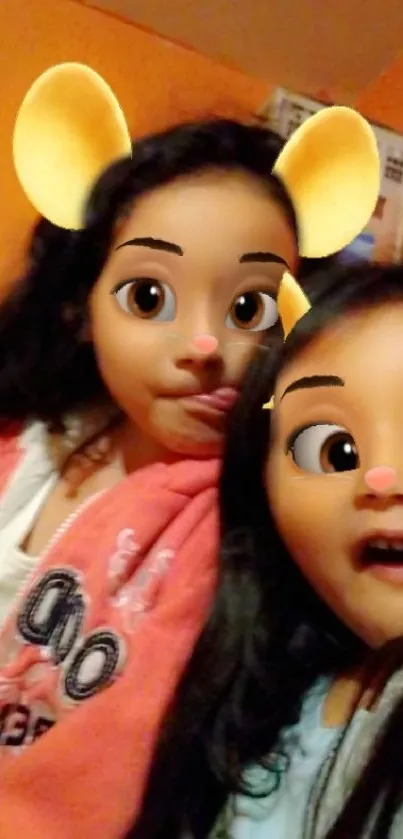 Cute phone wallpaper with fun cartoon filter on two kids.