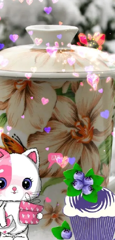 Wallpaper of a cute pink cat, floral mug, and cupcake in snow.