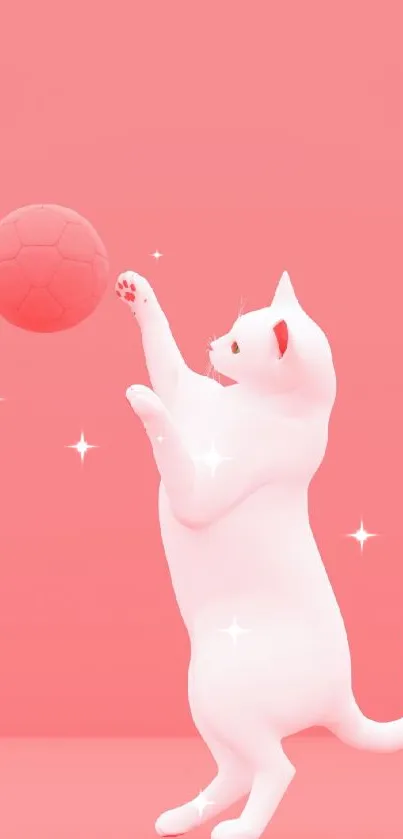 White cat playing with a red ball on a pink background.