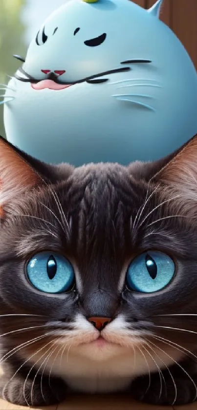 Cute cat and blue blob in playful mobile wallpaper.