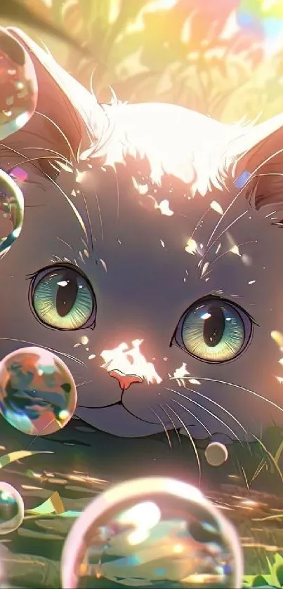 Cartoon cat with bubbles in a whimsical setting, colorful and playful.