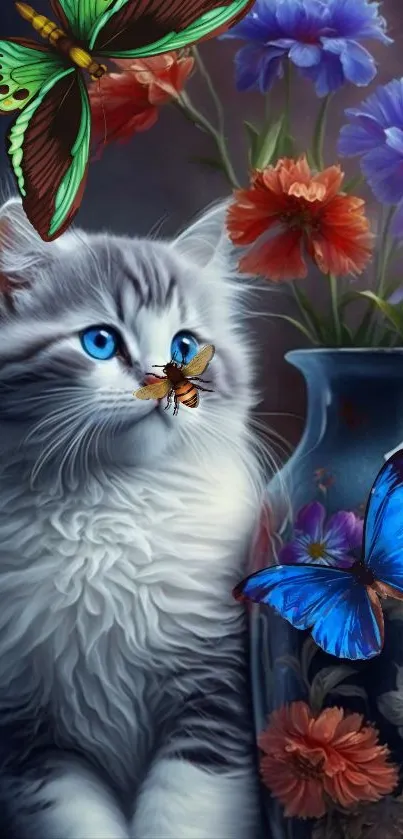 Fluffy cat with butterflies and flowers on a vase in a vibrant, artistic wallpaper.