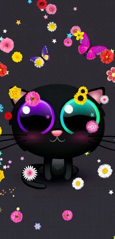 Cute cat with big eyes and butterflies on dark gray background.