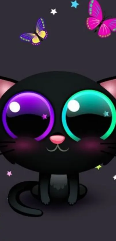 Cartoon black cat with colorful eyes and butterflies on a starry background.