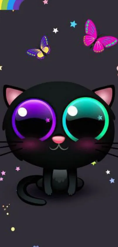 Cute cartoon cat with colorful butterflies on dark background.