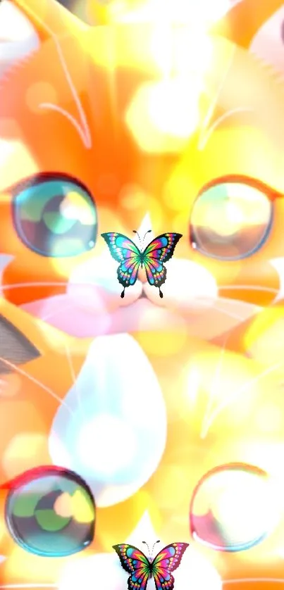 Cute cartoon cat with colorful butterflies mobile wallpaper.