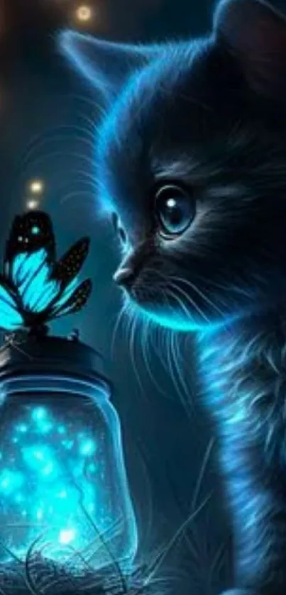 Cute kitten and butterfly glowing in the dark beside a jar of lights.