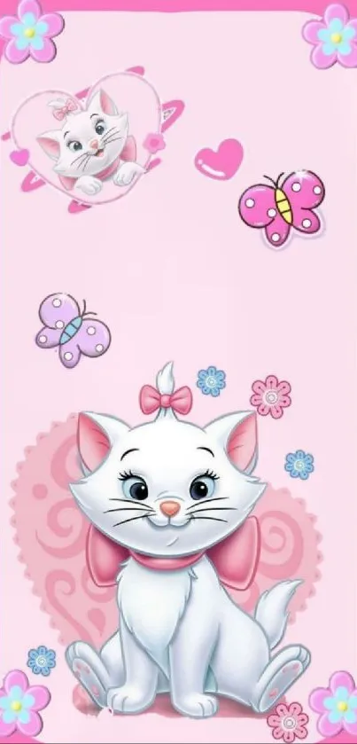 Cute white cat with pink bow on a pink background with butterflies.