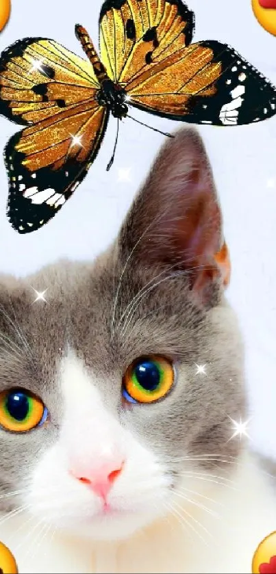 Cute cat with butterfly and emojis on mobile wallpaper.