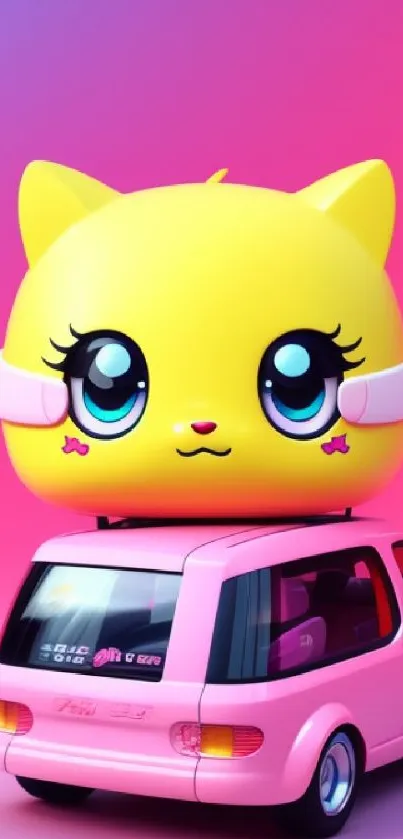 Cute cat balloon art on a pink car, perfect for mobile wallpaper.