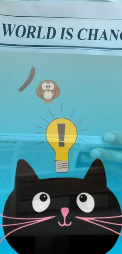 Cartoon cat under a changing world headline with owl and light bulb.