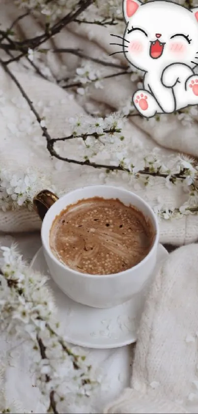 Cozy coffee cup with cute cartoon cat and flowers.