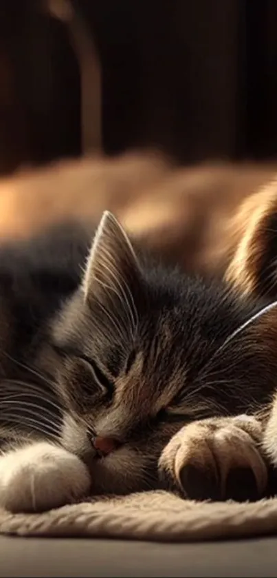 Cozy cat and dog snuggled together in warm lighting.