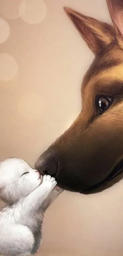 Adorable cat and dog sharing a tender moment in a digital illustration.