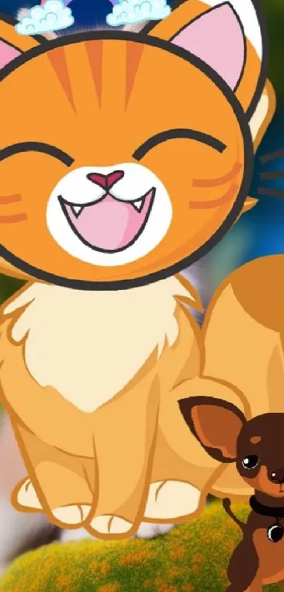 Cartoon orange cat and brown dog with rainbow.