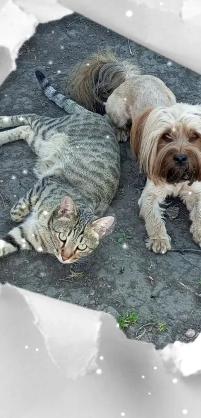 Adorable cat and dog on textured surface with paper cutout effect.