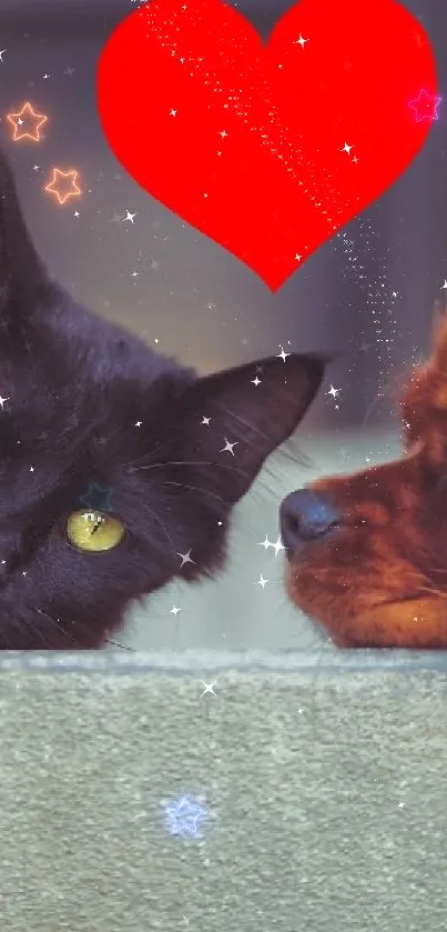 Cute black cat and dog with a red heart overhead.