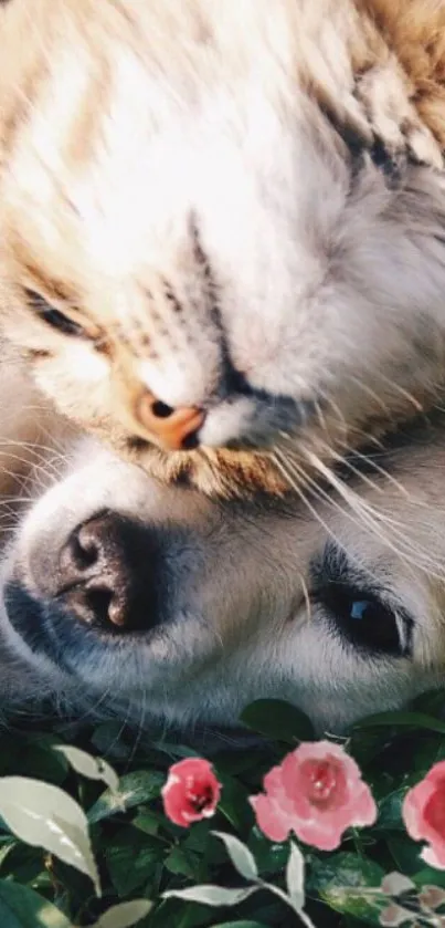 Cat and dog lovingly snuggling among vibrant pink flowers.