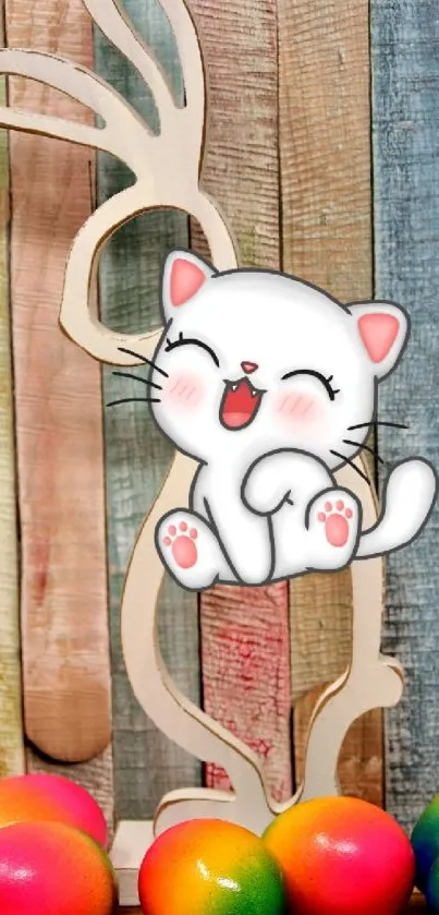 Cute cat with Easter eggs on wooden background.