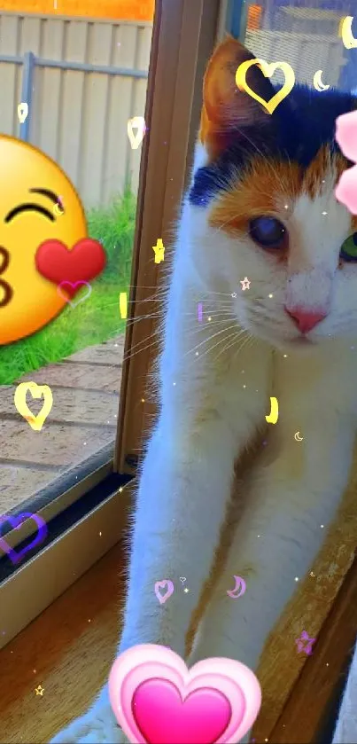 Cute cat by window with colorful emojis.