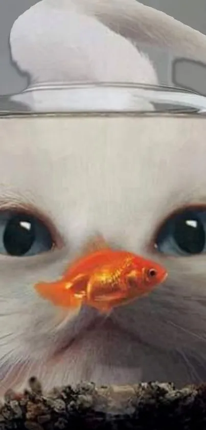 White cat with blue eyes looks at goldfish in bowl, creating a cute scene.