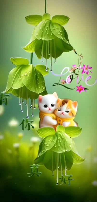 Cute cats with green flowers mobile wallpaper