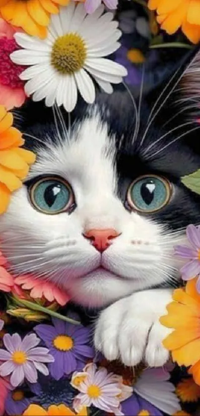 Adorable cat surrounded by colorful flowers on a vibrant phone wallpaper.