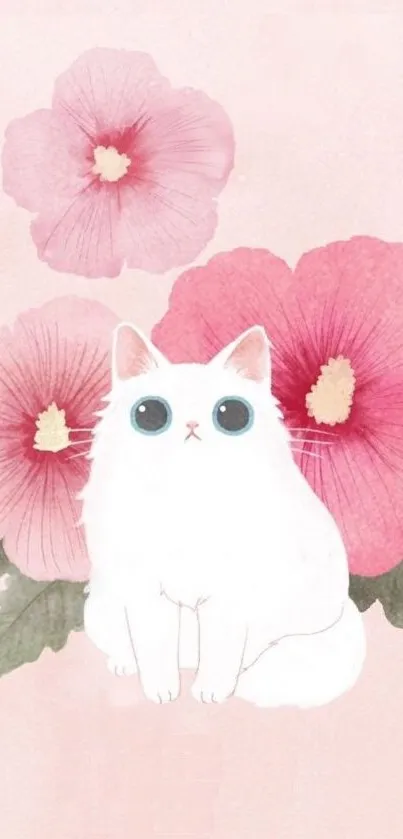 Cute white cat with pink flowers background.