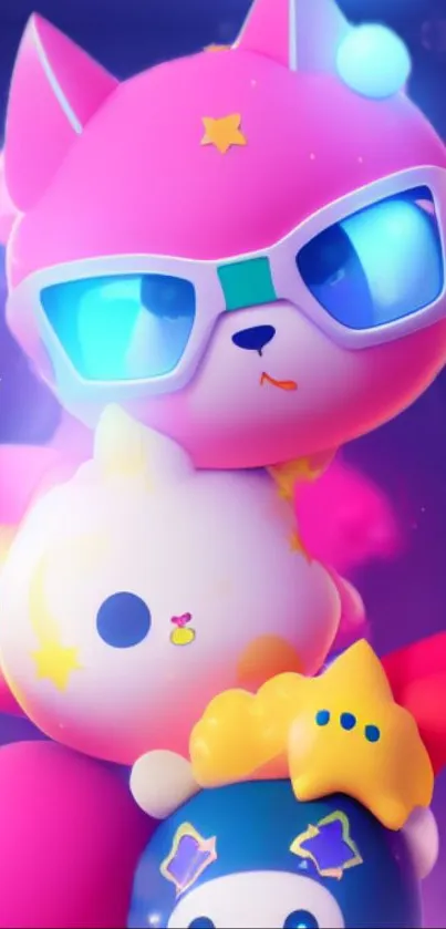 Colorful cartoon wallpaper with a pink cat wearing sunglasses.