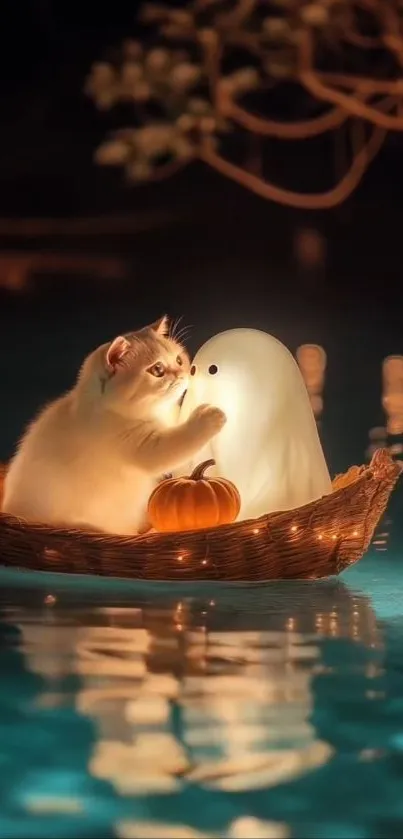 Cute cat with ghost in basket on water at night.