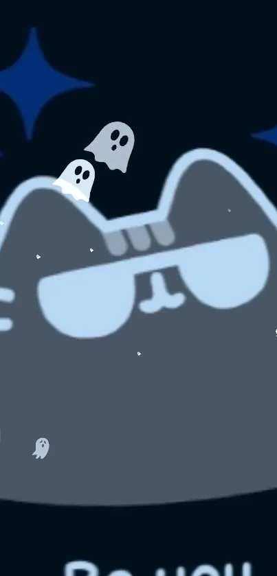 Cute cat with sunglasses and ghost scene on dark blue wallpaper.