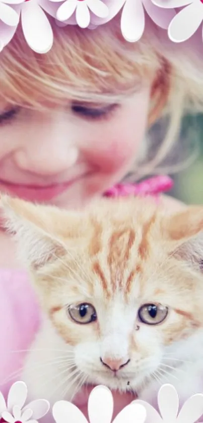 Smiling girl with a ginger kitten, framed by pink floral patterns.