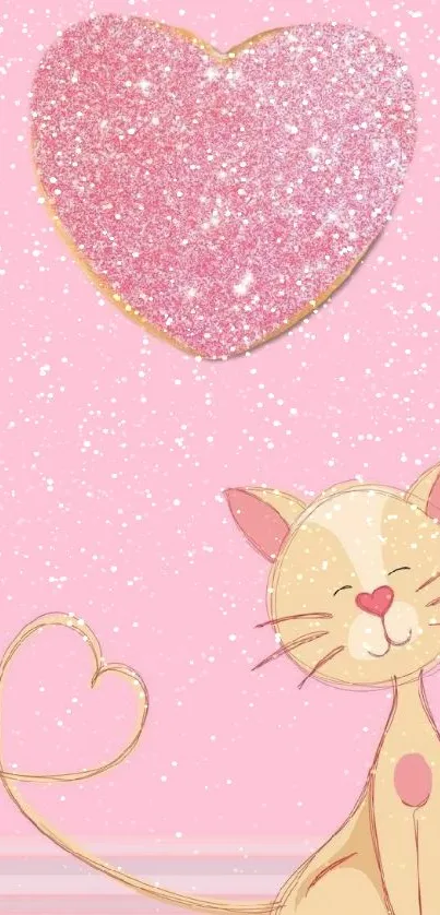 Cute cat with pink glitter heart wallpaper.