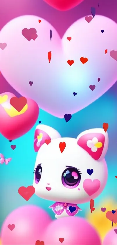 Kawaii cat with heart balloons on pink wallpaper.