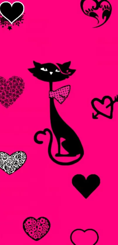 Black cat with pink hearts wallpaper, vibrant art.