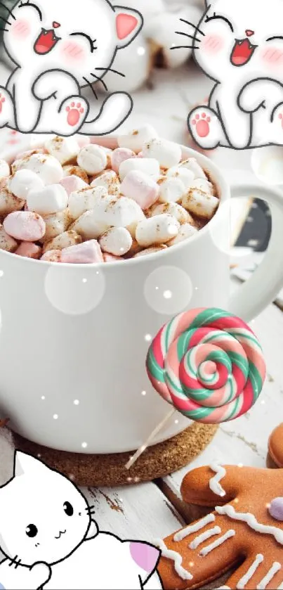 Cute cats with marshmallows and hot chocolate, colorful treats, whimsical design.