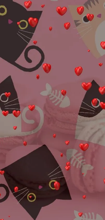 Cute cat illustrations with macarons and hearts on a pink background.