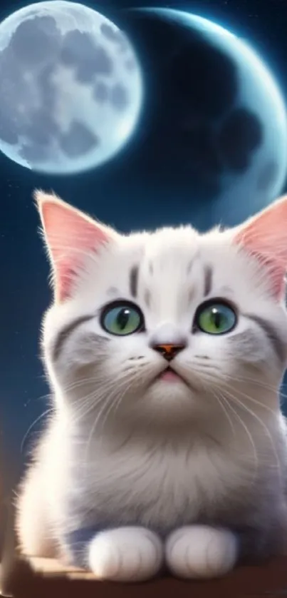 Cute white cat with green eyes under a moonlit night sky.