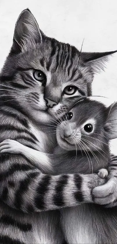 Monochrome cat and mouse illustration hugging.