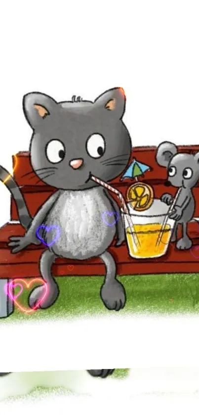 Cartoon cat and mouse sharing a drink on a wooden bench with heart decorations.